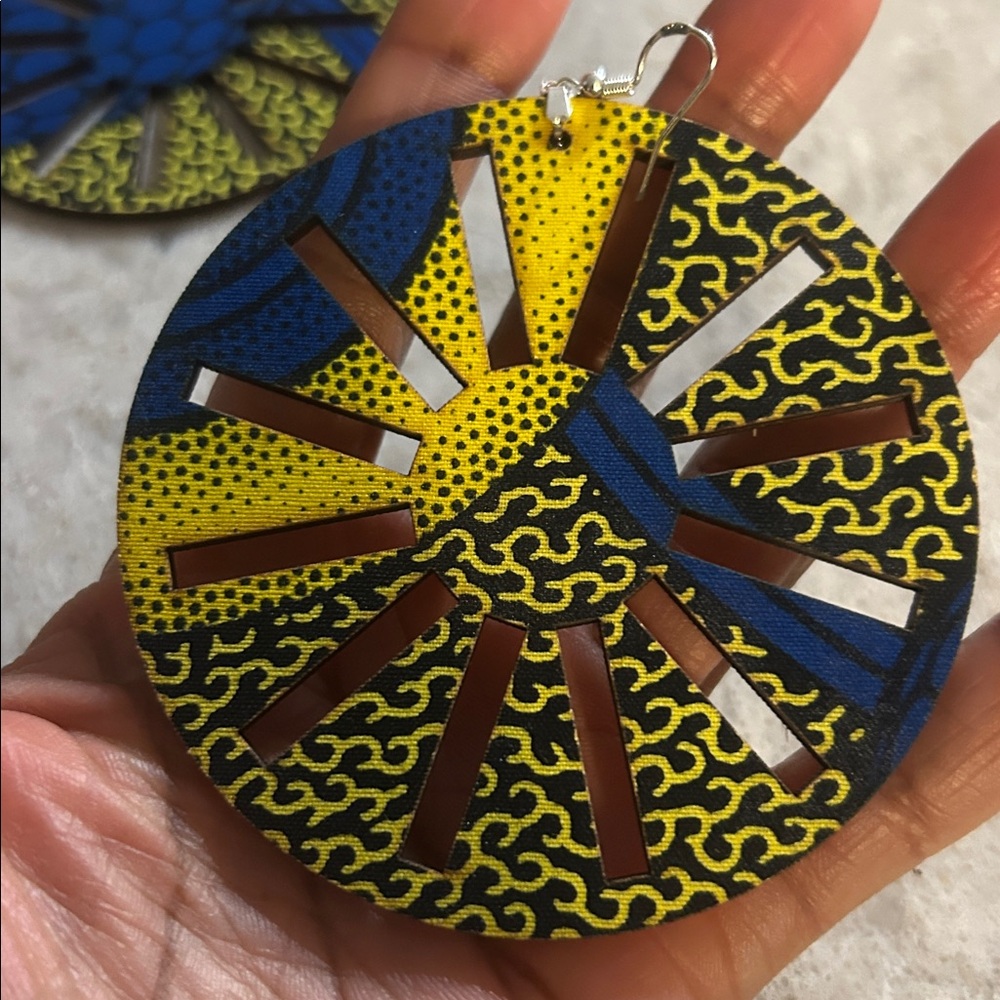 Wooden Earrings Large Blue Yellow & Black Pinwheel Approx 3in Round. OOAK